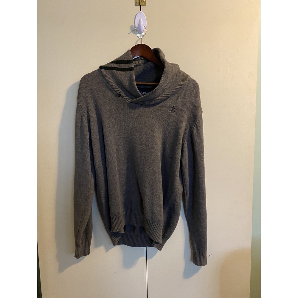 US Polo Assn Pullover Mens Size M Grey Good Shawl Neck Fleece Knit Sweater
